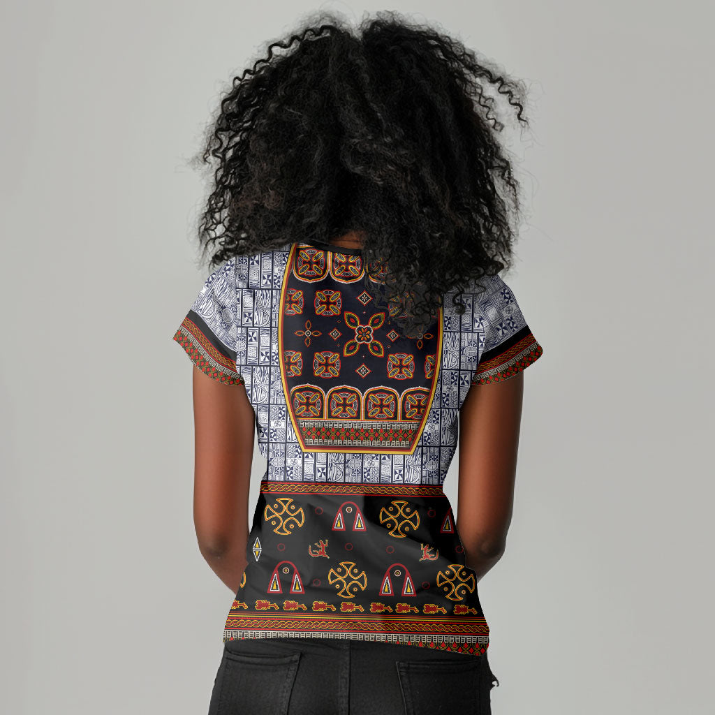 Cameroon Toghu Ethnic Heritage Women V-Neck T-Shirt Traditional Bamenda Embroidery Style - African Tribal Motifs