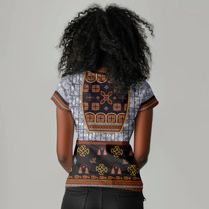 Cameroon Toghu Ethnic Heritage Women V-Neck T-Shirt Traditional Bamenda Embroidery Style - African Tribal Motifs