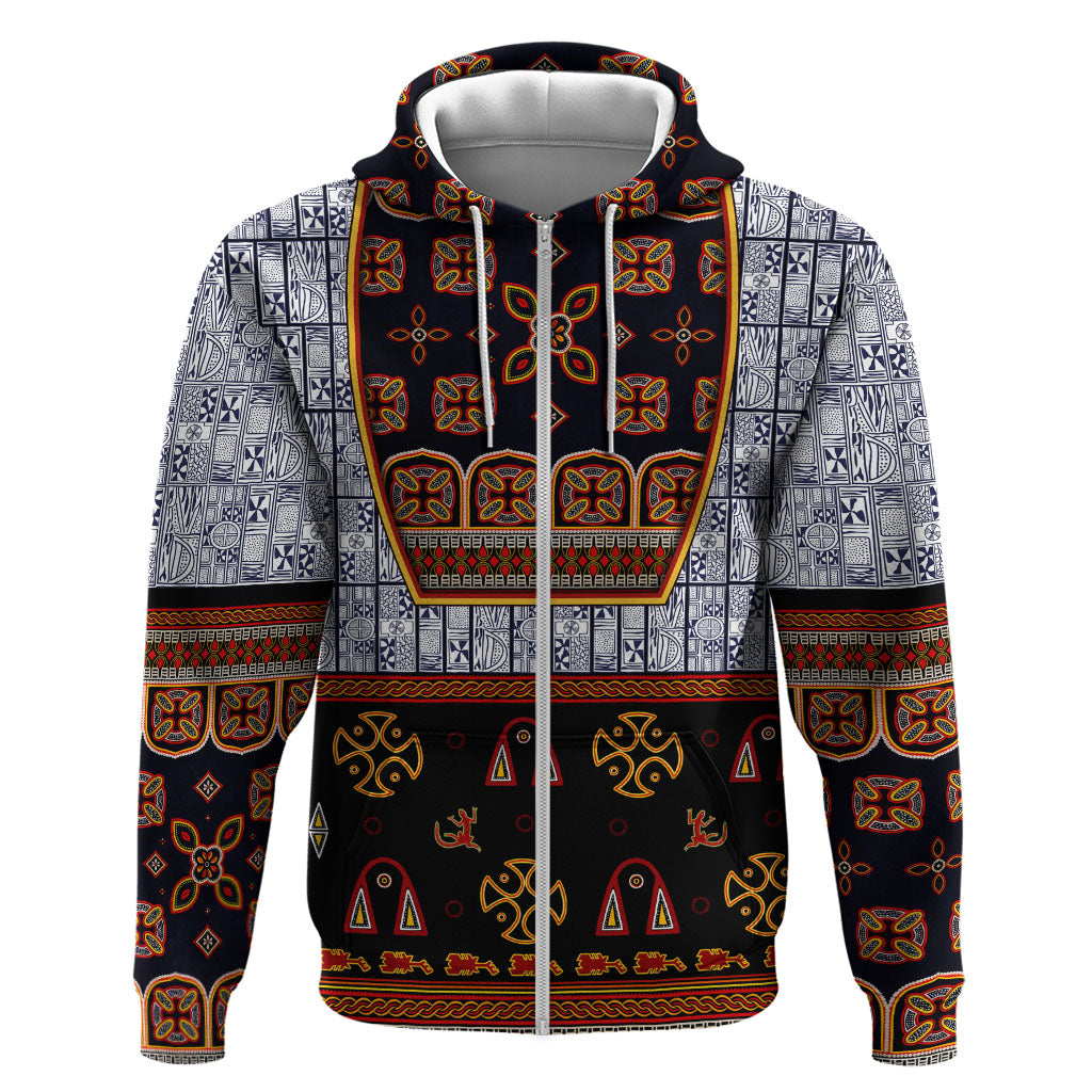 Cameroon Toghu Ethnic Heritage Zip Hoodie Traditional Bamenda Embroidery Style - African Tribal Motifs