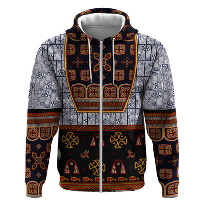 Cameroon Toghu Ethnic Heritage Zip Hoodie Traditional Bamenda Embroidery Style - African Tribal Motifs