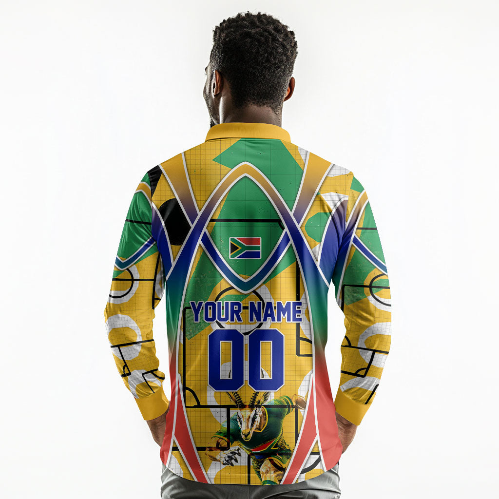 Personalized South Africa Football Springbok Long Sleeve Polo Shirt Bafana Bafana Rainbow Nation Flag Colors