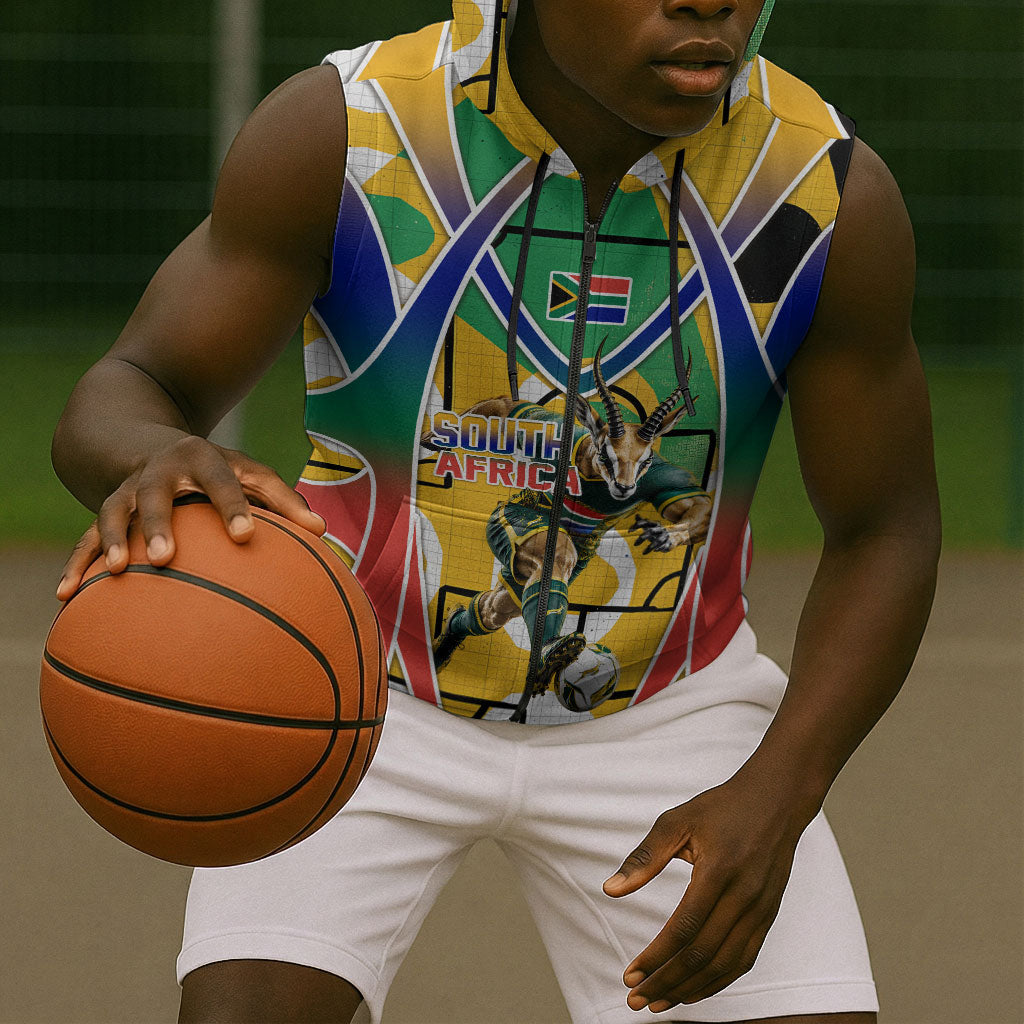 Personalized South Africa Football Springbok Sleeveless Zip Hoodie Bafana Bafana Rainbow Nation Flag Colors