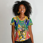 Personalized South Africa Football Springbok Women V-Neck T-Shirt Bafana Bafana Rainbow Nation Flag Colors