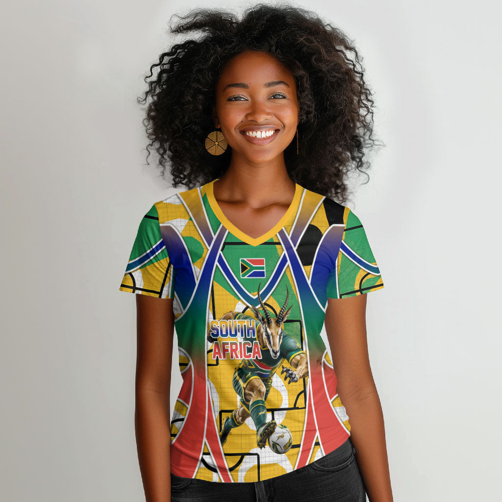 Personalized South Africa Football Springbok Women V-Neck T-Shirt Bafana Bafana Rainbow Nation Flag Colors