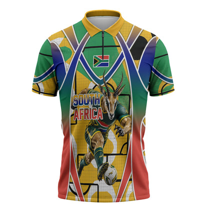 Personalized South Africa Football Springbok Zipper Polo Shirt Bafana Bafana Rainbow Nation Flag Colors