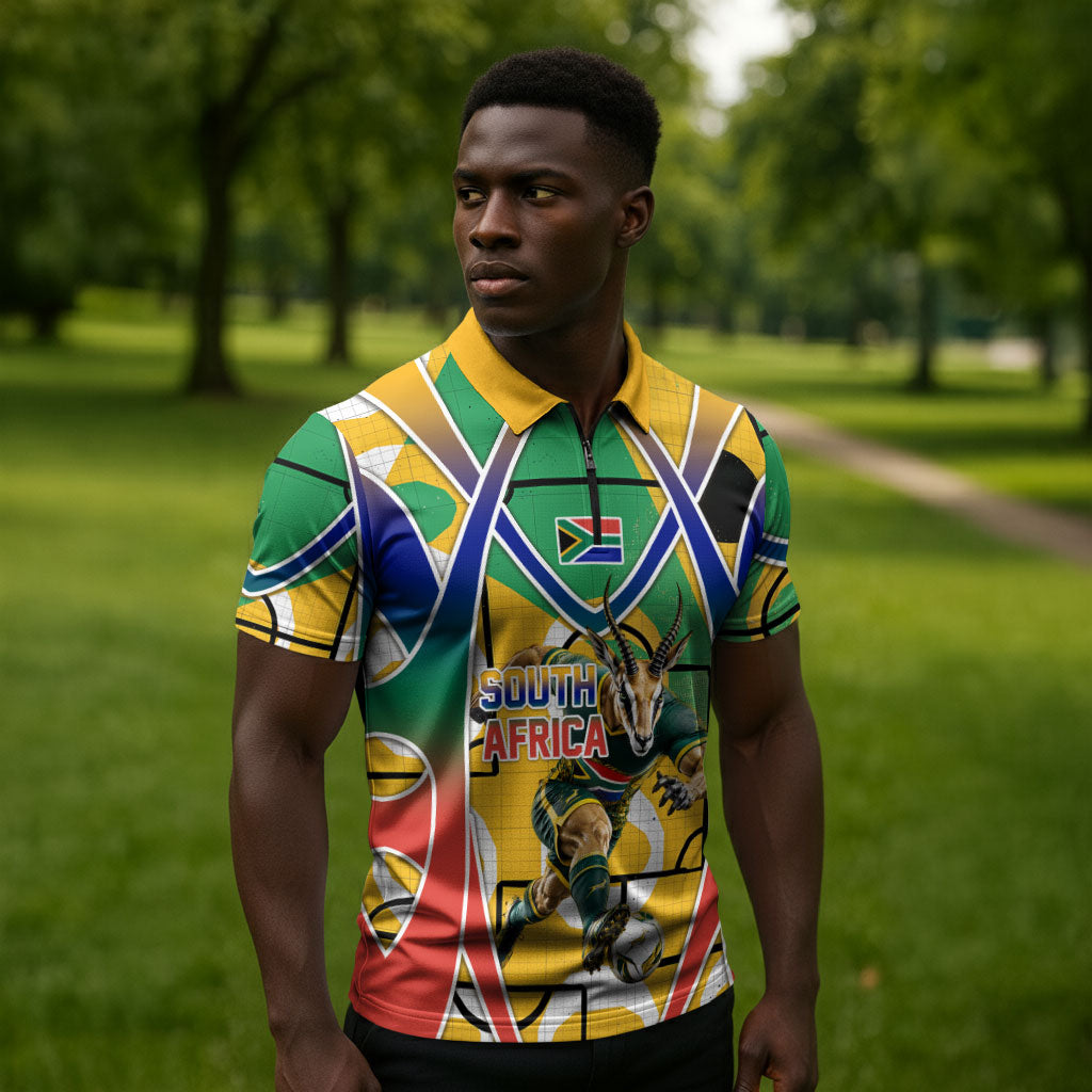 Personalized South Africa Football Springbok Zipper Polo Shirt Bafana Bafana Rainbow Nation Flag Colors