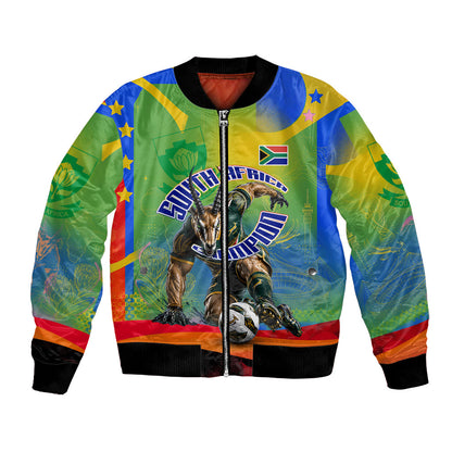 Personalized South Africa Football Bomber Jacket Springbok Champion Soccer Mascot Protea