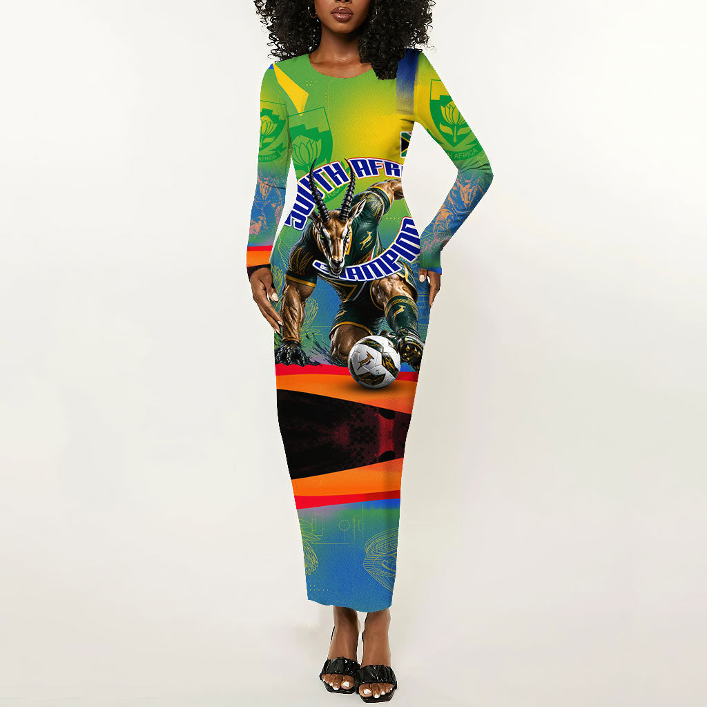 Personalized South Africa Football Long Sleeve Bodycon Dress Springbok Champion Soccer Mascot Protea