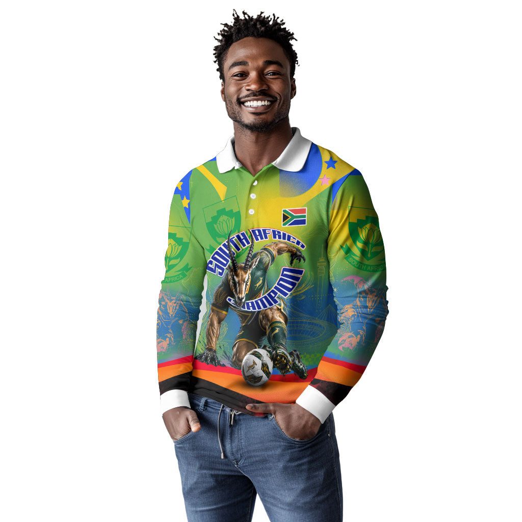 Personalized South Africa Football Long Sleeve Polo Shirt Springbok Champion Soccer Mascot Protea