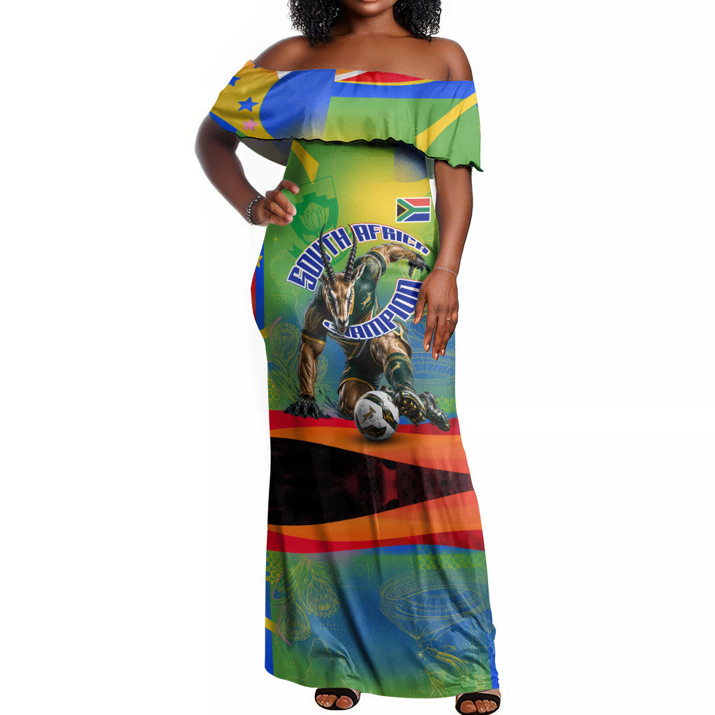 Personalized South Africa Football Off Shoulder Maxi Dress Springbok Champion Soccer Mascot Protea