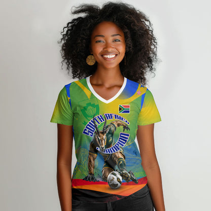 Personalized South Africa Football Women V-Neck T-Shirt Springbok Champion Soccer Mascot Protea