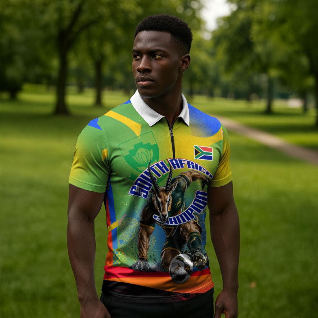 Personalized South Africa Football Zipper Polo Shirt Springbok Champion Soccer Mascot Protea