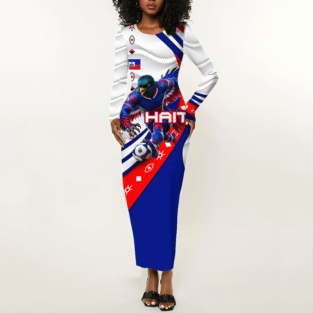 Personalized Haiti Football Trogon Bird Long Sleeve Bodycon Dress Les Grenadiers National Flag Art Caribbean