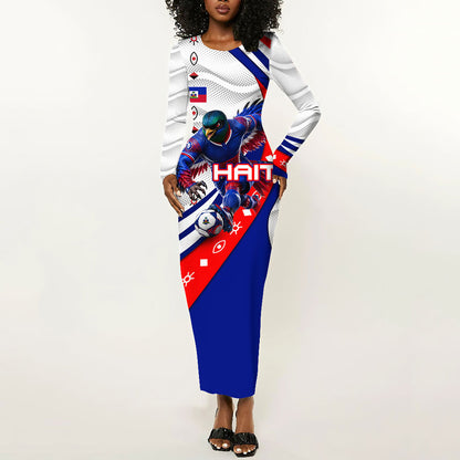 Personalized Haiti Football Trogon Bird Long Sleeve Bodycon Dress Les Grenadiers National Flag Art Caribbean