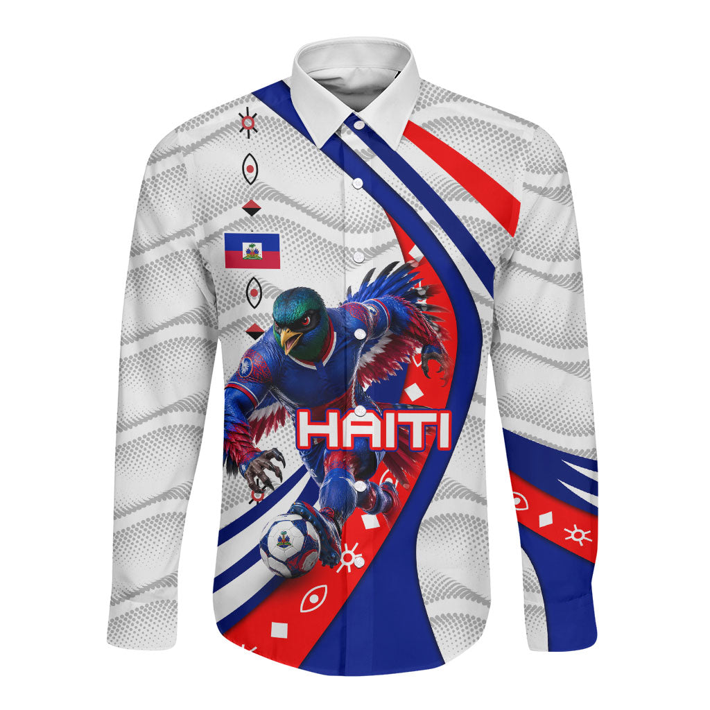 Personalized Haiti Football Trogon Bird Long Sleeve Button Shirt Les Grenadiers National Flag Art Caribbean