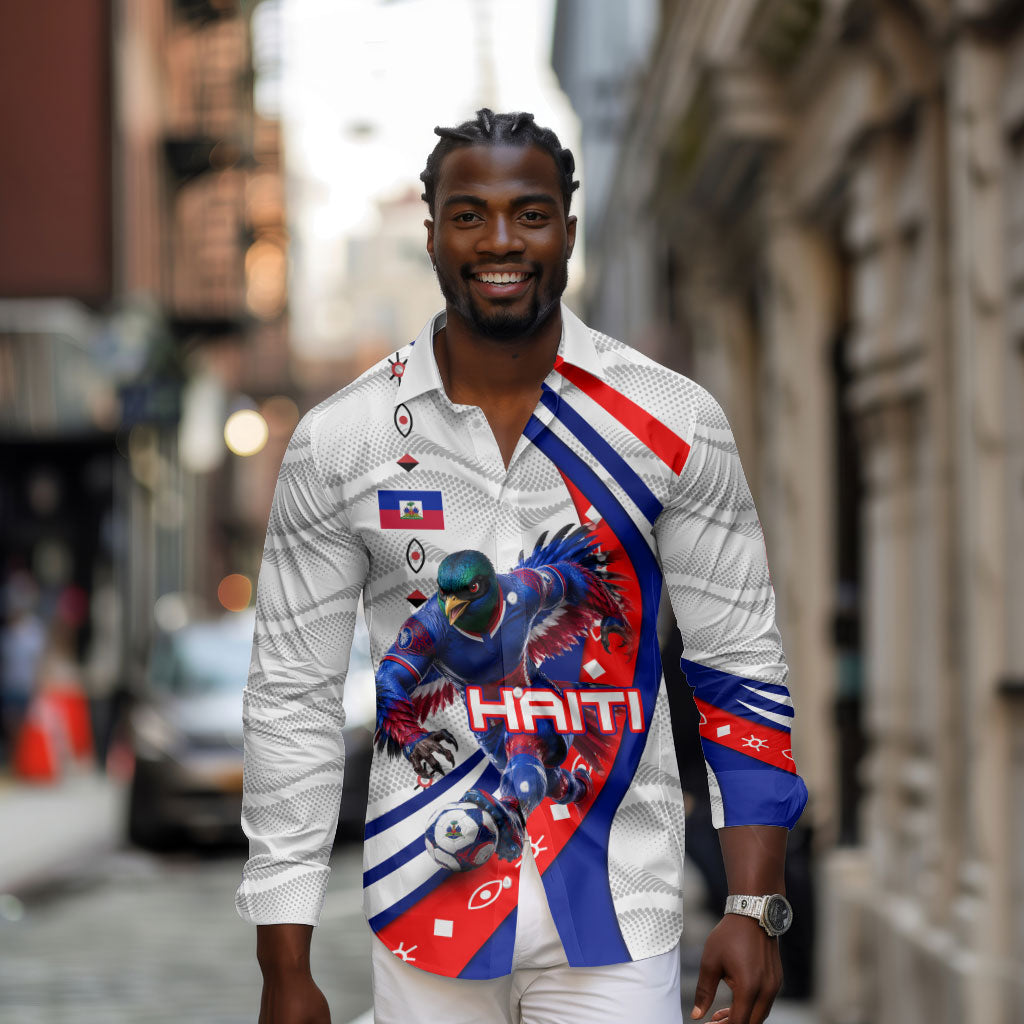Personalized Haiti Football Trogon Bird Long Sleeve Button Shirt Les Grenadiers National Flag Art Caribbean
