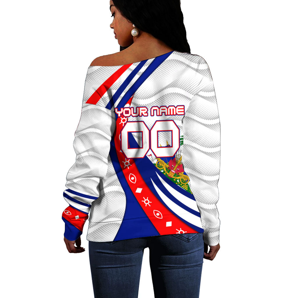 Personalized Haiti Football Trogon Bird Off Shoulder Sweater Les Grenadiers National Flag Art Caribbean