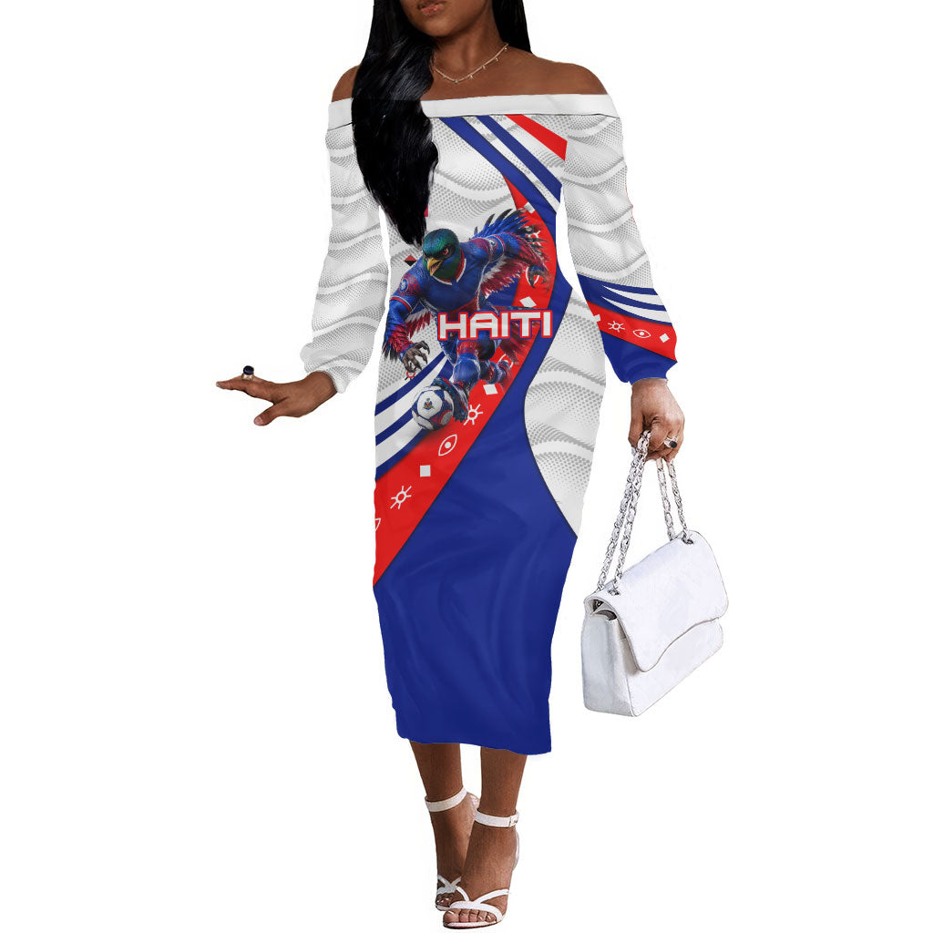 Personalized Haiti Football Trogon Bird Off The Shoulder Long Sleeve Dress Les Grenadiers National Flag Art Caribbean