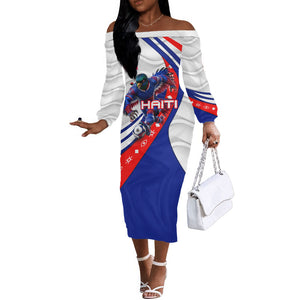 Personalized Haiti Football Trogon Bird Off The Shoulder Long Sleeve Dress Les Grenadiers National Flag Art Caribbean