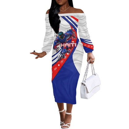 Personalized Haiti Football Trogon Bird Off The Shoulder Long Sleeve Dress Les Grenadiers National Flag Art Caribbean