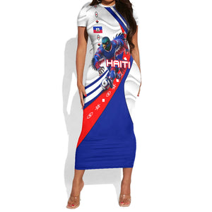 Personalized Haiti Football Trogon Bird Short Sleeve Bodycon Dress Les Grenadiers National Flag Art Caribbean
