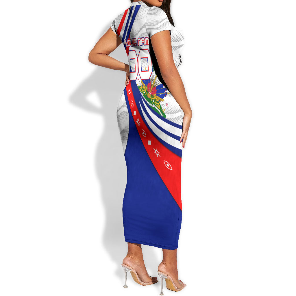 Personalized Haiti Football Trogon Bird Short Sleeve Bodycon Dress Les Grenadiers National Flag Art Caribbean