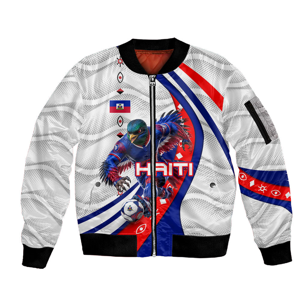 Personalized Haiti Football Trogon Bird Sleeve Zip Bomber Jacket Les Grenadiers National Flag Art Caribbean