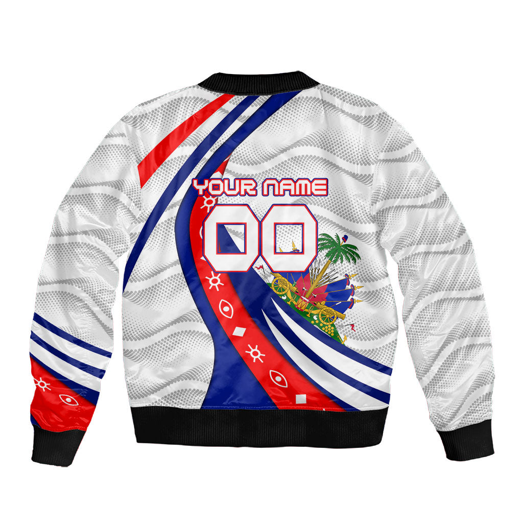 Personalized Haiti Football Trogon Bird Sleeve Zip Bomber Jacket Les Grenadiers National Flag Art Caribbean