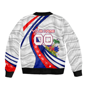 Personalized Haiti Football Trogon Bird Sleeve Zip Bomber Jacket Les Grenadiers National Flag Art Caribbean