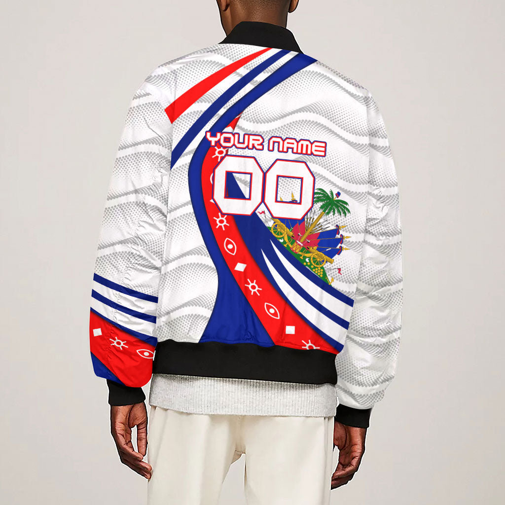 Personalized Haiti Football Trogon Bird Sleeve Zip Bomber Jacket Les Grenadiers National Flag Art Caribbean