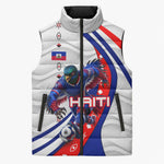 Personalized Haiti Football Trogon Bird Sleeveless Puffer Jacket Les Grenadiers National Flag Art Caribbean