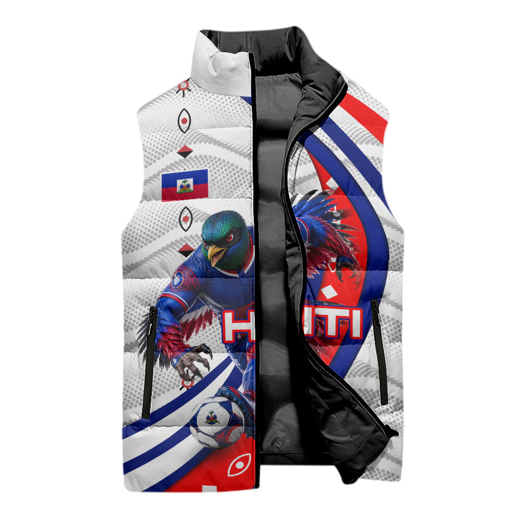 Personalized Haiti Football Trogon Bird Sleeveless Puffer Jacket Les Grenadiers National Flag Art Caribbean