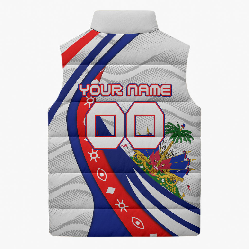 Personalized Haiti Football Trogon Bird Sleeveless Puffer Jacket Les Grenadiers National Flag Art Caribbean