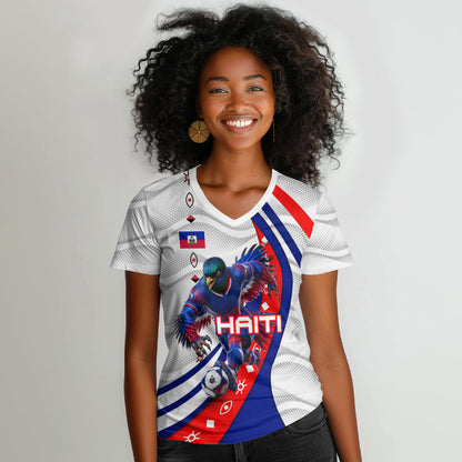 Personalized Haiti Football Trogon Bird Women V-Neck T-Shirt Les Grenadiers National Flag Art Caribbean