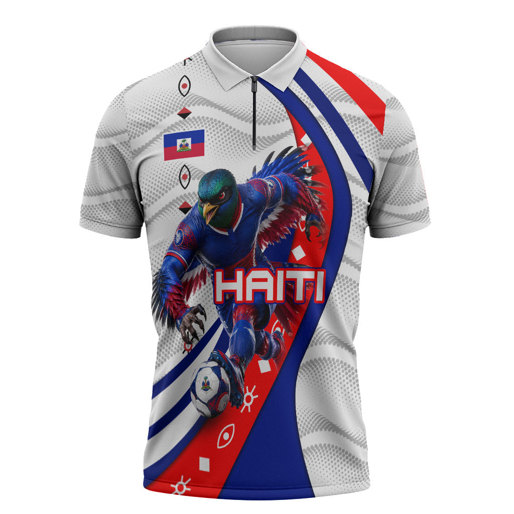 Personalized Haiti Football Trogon Bird Zipper Polo Shirt Les Grenadiers National Flag Art Caribbean