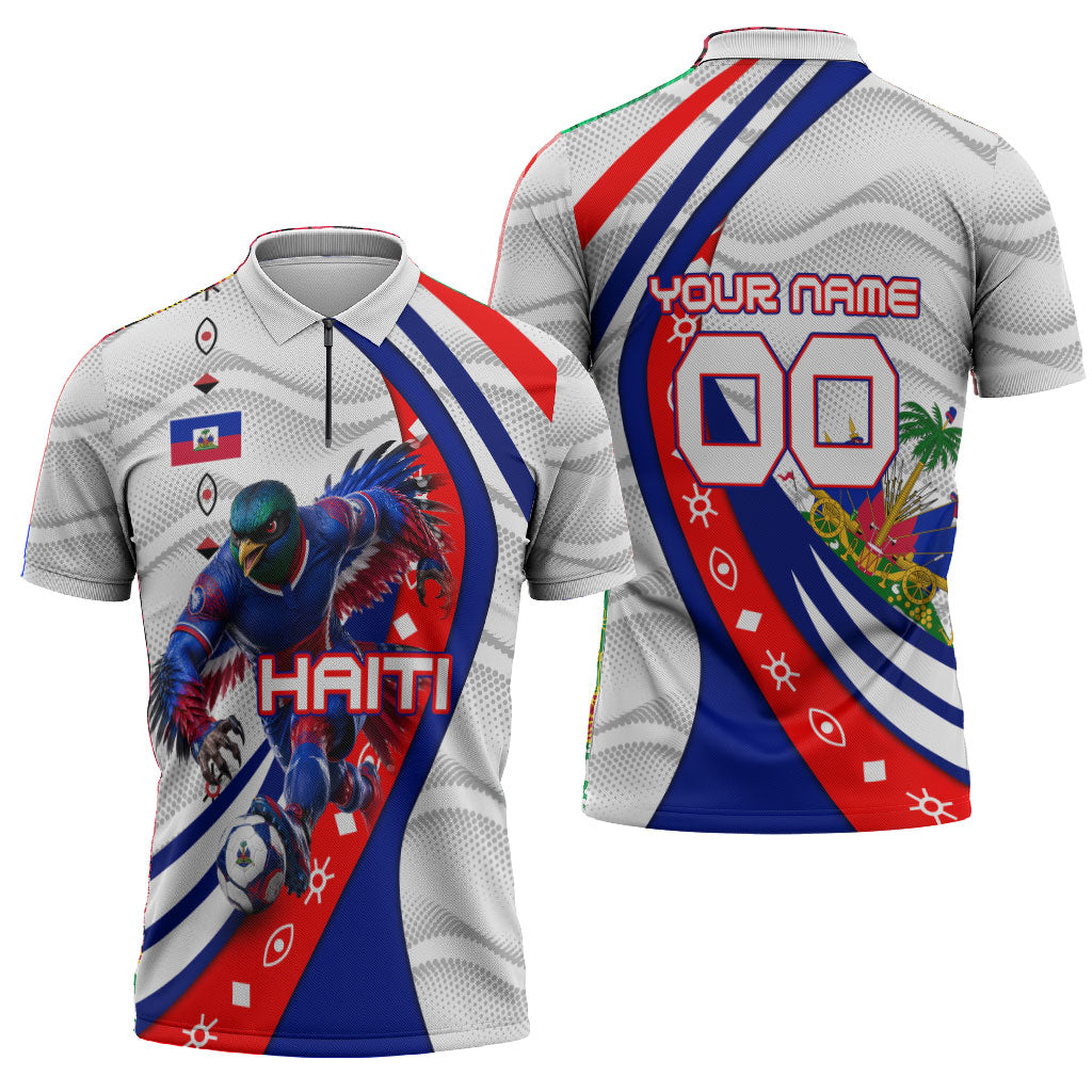 Personalized Haiti Football Trogon Bird Zipper Polo Shirt Les Grenadiers National Flag Art Caribbean