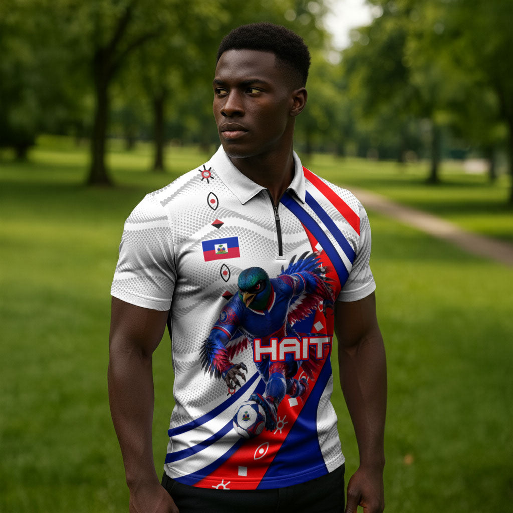 Personalized Haiti Football Trogon Bird Zipper Polo Shirt Les Grenadiers National Flag Art Caribbean