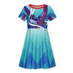 Personalized Haiti Football Kid Short Sleeve Dress Haitian Flag Trogon Bird Mascot