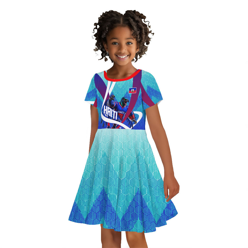 Personalized Haiti Football Kid Short Sleeve Dress Haitian Flag Trogon Bird Mascot