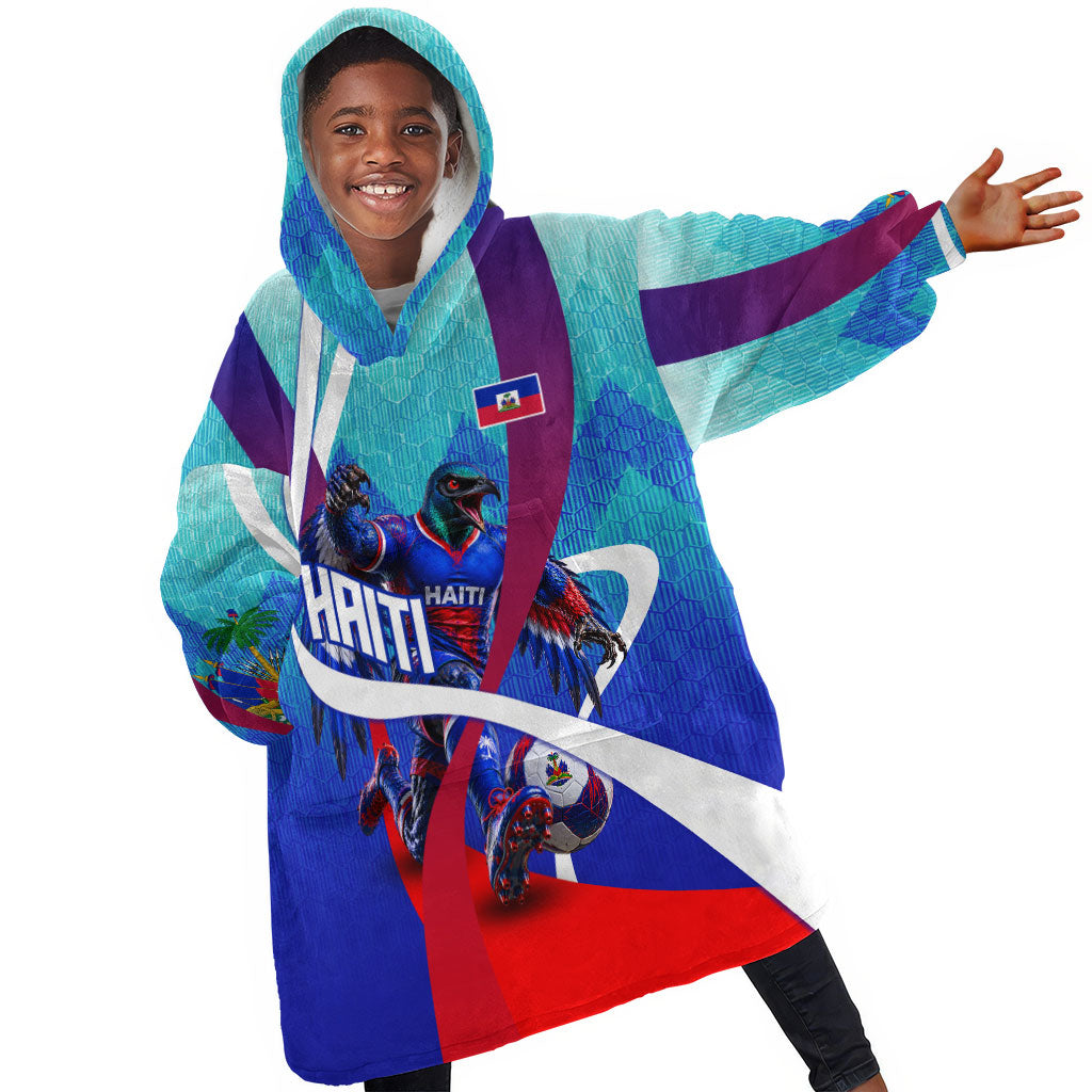 Personalized Haiti Football Kid Wearable Blanket Hoodie Haitian Flag Trogon Bird Mascot