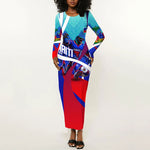 Personalized Haiti Football Long Sleeve Bodycon Dress Haitian Flag Trogon Bird Mascot