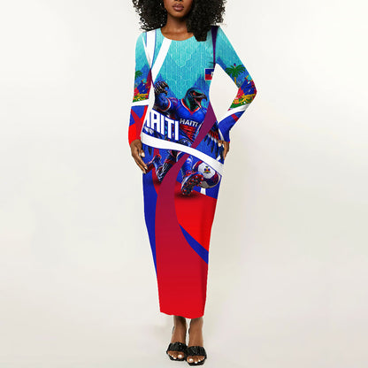 Personalized Haiti Football Long Sleeve Bodycon Dress Haitian Flag Trogon Bird Mascot