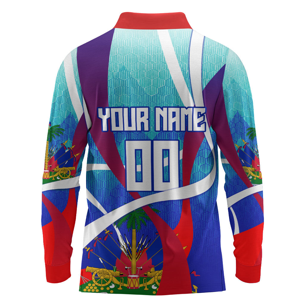 Personalized Haiti Football Long Sleeve Polo Shirt Haitian Flag Trogon Bird Mascot