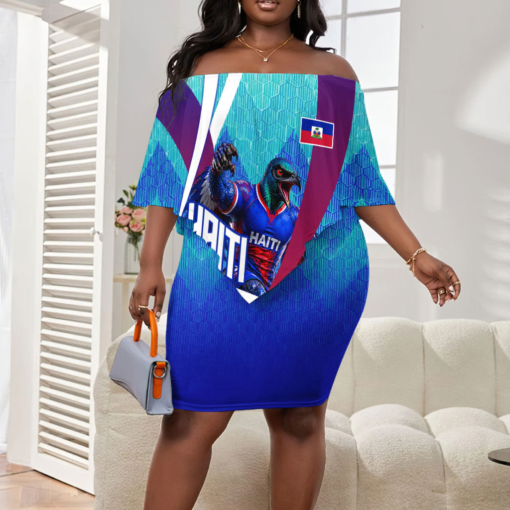 Personalized Haiti Football Off Shoulder Short Dress Haitian Flag Trogon Bird Mascot