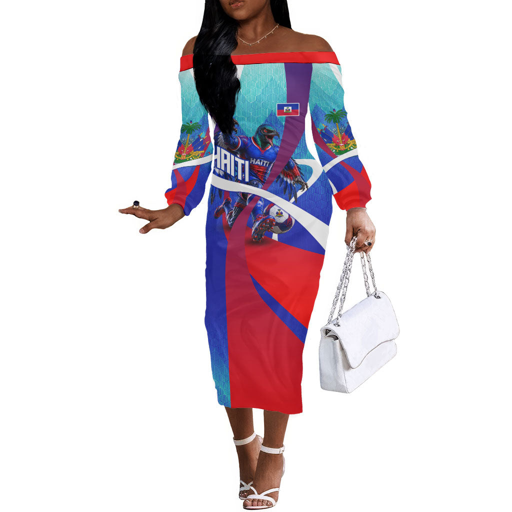 Personalized Haiti Football Off The Shoulder Long Sleeve Dress Haitian Flag Trogon Bird Mascot