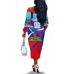 Personalized Haiti Football Off The Shoulder Long Sleeve Dress Haitian Flag Trogon Bird Mascot