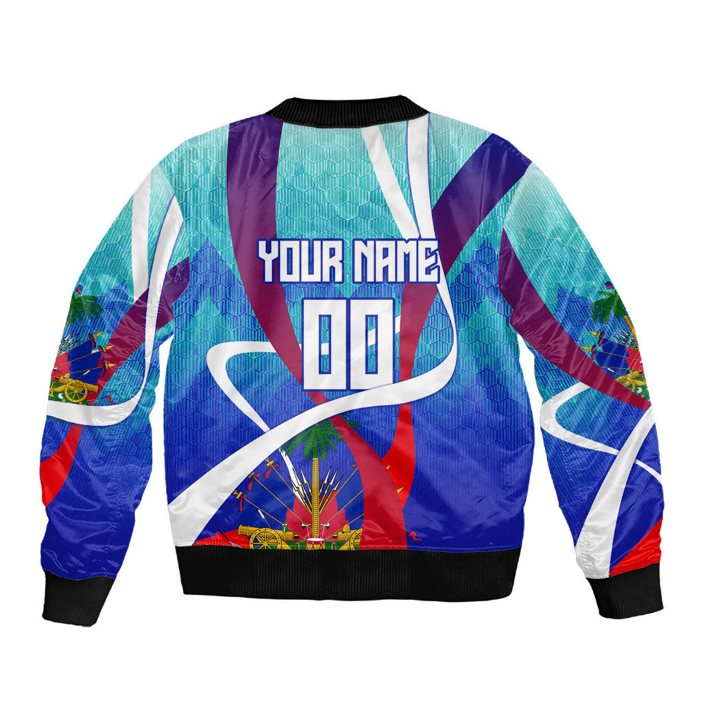 Personalized Haiti Football Sleeve Zip Bomber Jacket Haitian Flag Trogon Bird Mascot