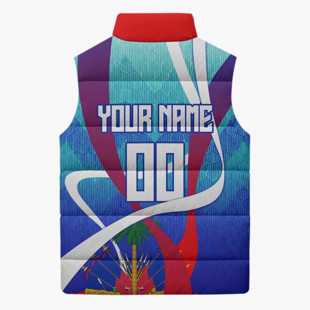 Personalized Haiti Football Sleeveless Puffer Jacket Haitian Flag Trogon Bird Mascot