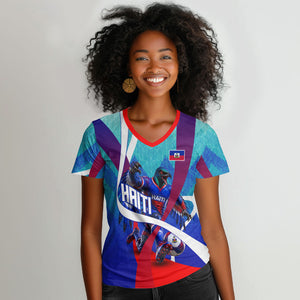 Personalized Haiti Football Women V-Neck T-Shirt Haitian Flag Trogon Bird Mascot