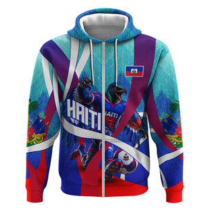 Personalized Haiti Football Zip Hoodie Haitian Flag Trogon Bird Mascot